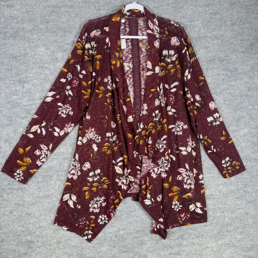 Maurices Size-3X Cardigan Burgundy Floral Lace Back Open Front